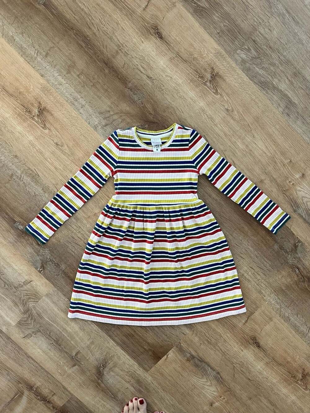Hanna Andersson Girls Multi-Color Striped Ribbed Knit Long Sleeve Dress Size 6-7
